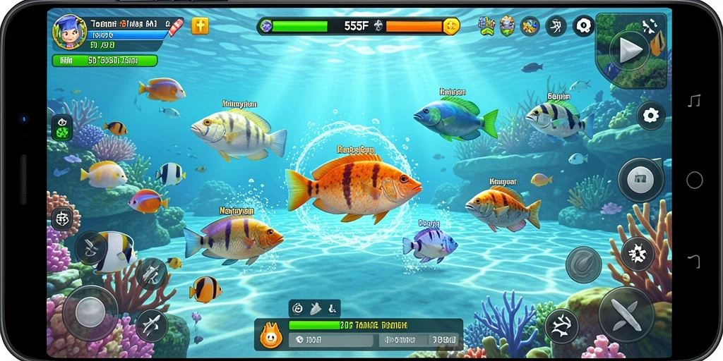 Screenshot menunjukkan aksi seru saat menembak ikan di 555F.