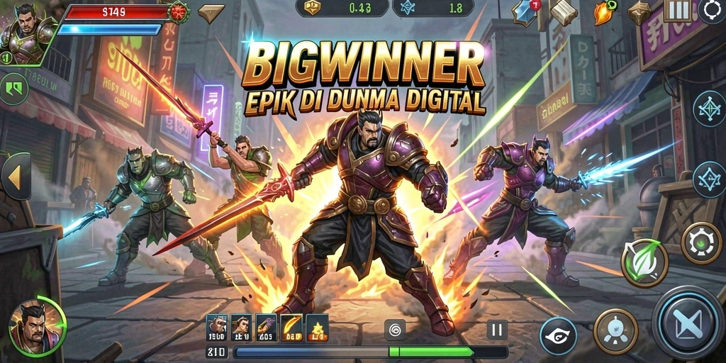 Tampilan gameplay BIGWINNER dengan pertarungan seru dan karakter menakjubkan.