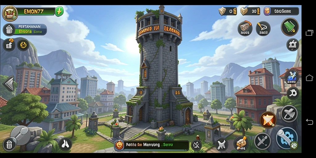 Tampilan seru gameplay EMON77 dengan menara dan musuh yang menantang.