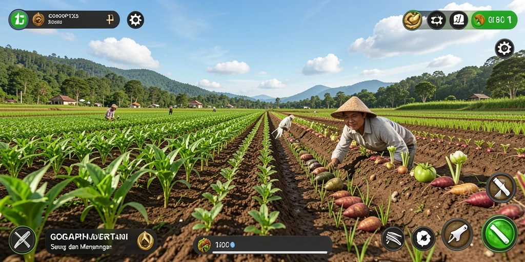 Screenshot gameplay GOCAP123 menampilkan taman yang indah dan produksi pertanian.