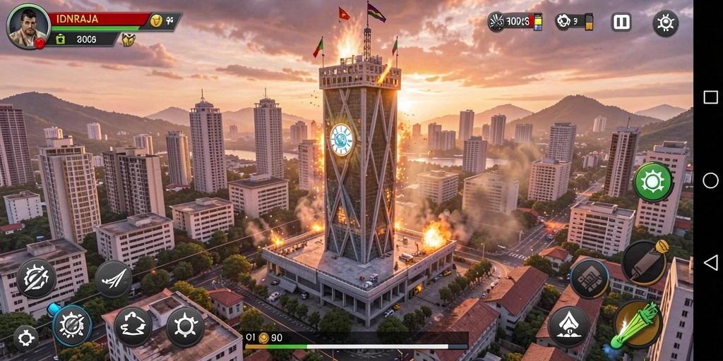 Tangkapan layar gameplay IDNRAJA menunjukkan aksi menara pertahanan yang seru.