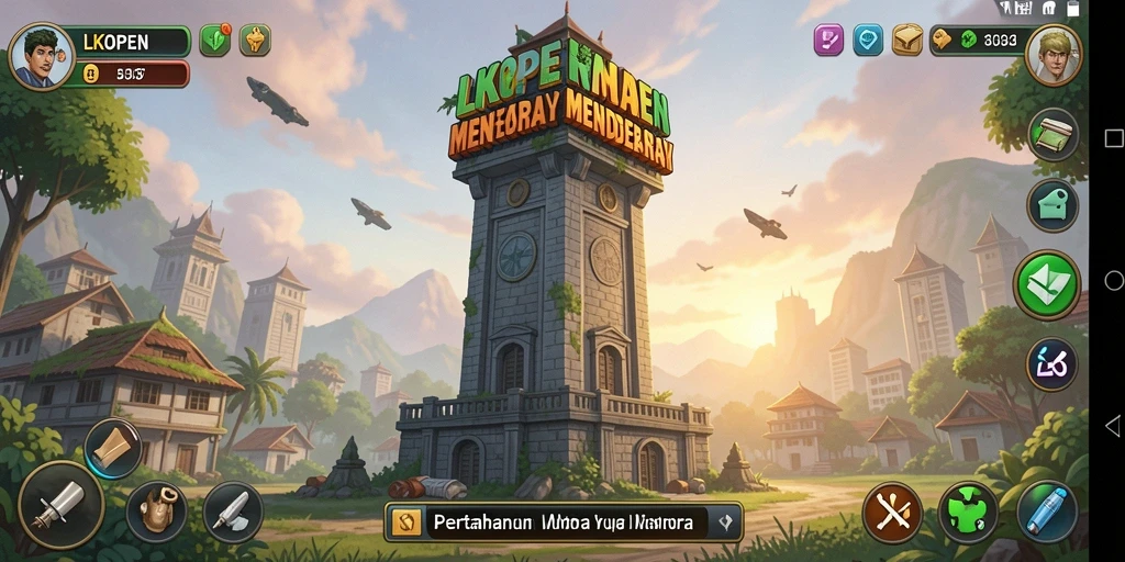 Screenshot gameplay LKOPEN menampilkan aksi menara melawan gelombang musuh.