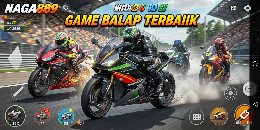 Tampilan gameplay NAGA889 yang penuh aksi dalam balapan motor.