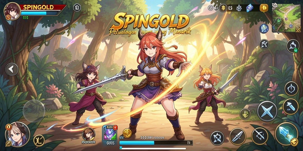 Tampilan gameplay SPINGOLD yang epik dan penuh warna.