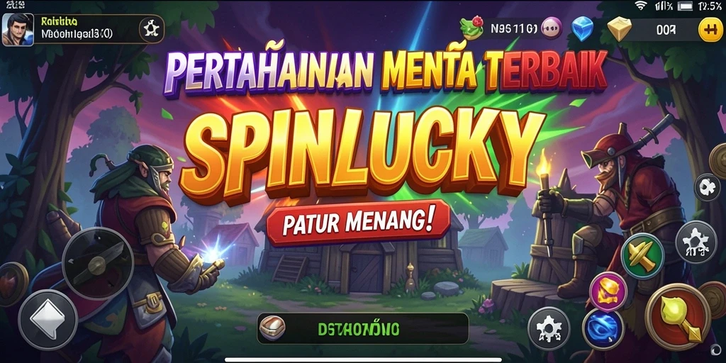Screenshot utama SPINLUCKY menampilkan aksi menara melawan gelombang musuh.